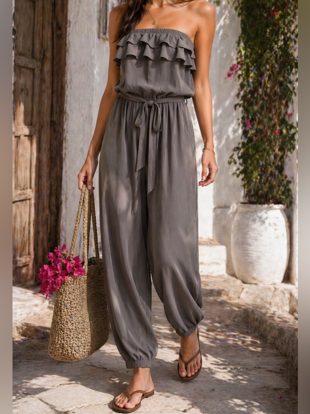 YA Los Angeles Sleeveless Ruffle Top Jogger Pantsuit with Tie Waist Size Large